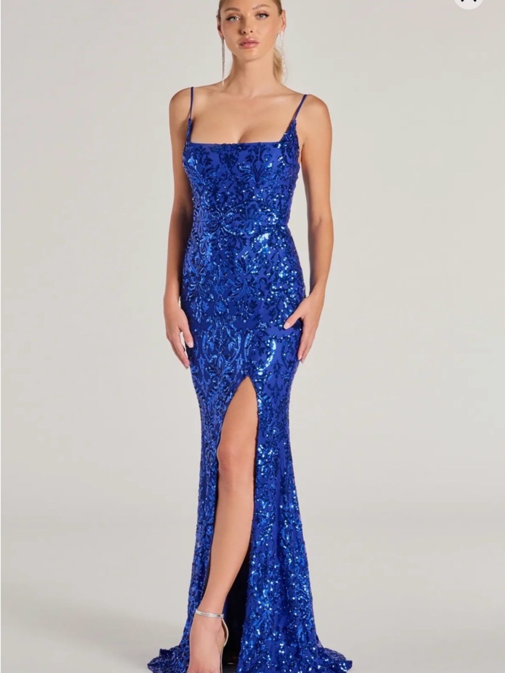 Windsor Royal Blue Sequin Spaghetti-Strap Prom Dress with Front Slit